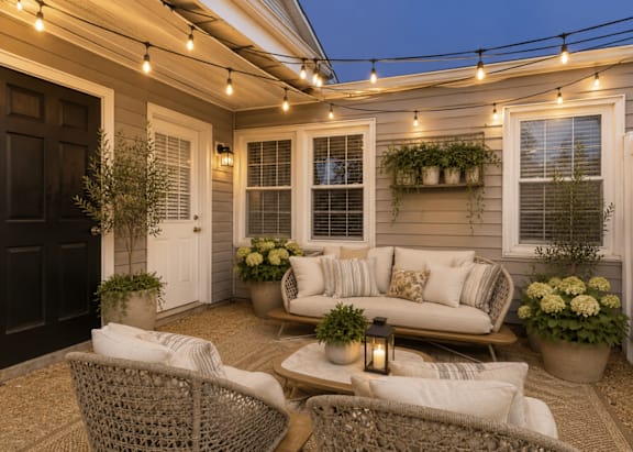 A cozy outdoor seating area with a couch, chairs, and string lights.