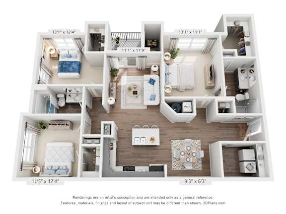 A 3D floor plan of a small apartment with a kitchen, living room, and two bedrooms.