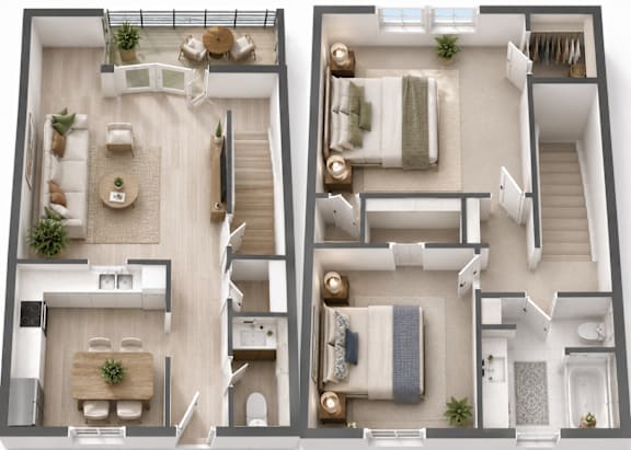 Two floor plan images of a house with a living room, kitchen, and bedrooms.