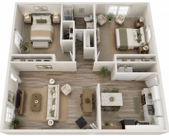A top-down view of a well-organized apartment with two bedrooms, a living area, and a kitchen.