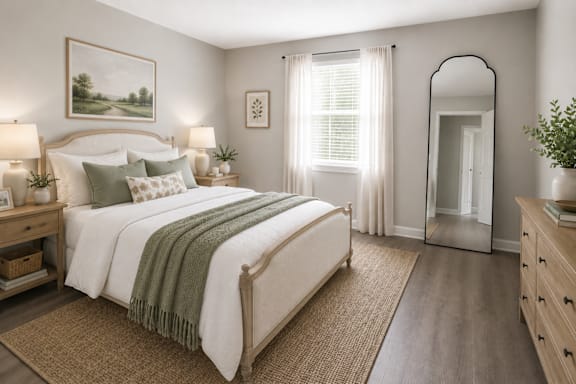 A bedroom with a large bed and a mirror on the wall.