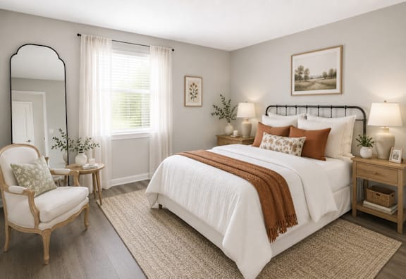 A bedroom with a large bed, a chair, and a painting on the wall.