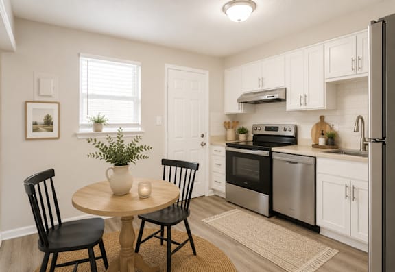 A kitchen with a table and chairs in the foreground and a refrigerator, oven, and microwave in the background.