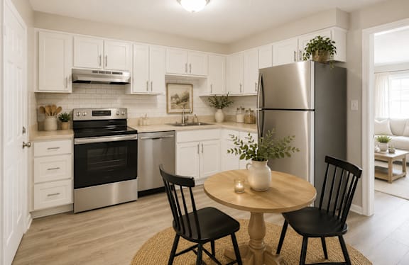 A modern kitchen with a table and chairs.