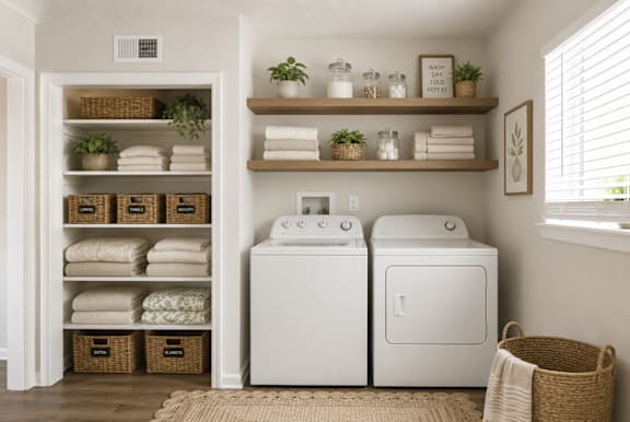 A laundry room with a washer and dryer, shelves with towels and plants, and a basket on the floor.