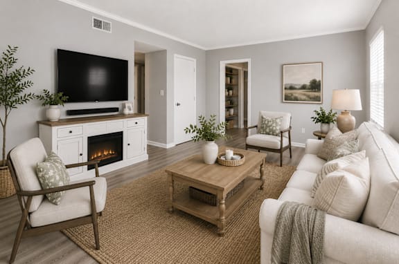 A living room with a fireplace, a chair, a couch, and a coffee table.
