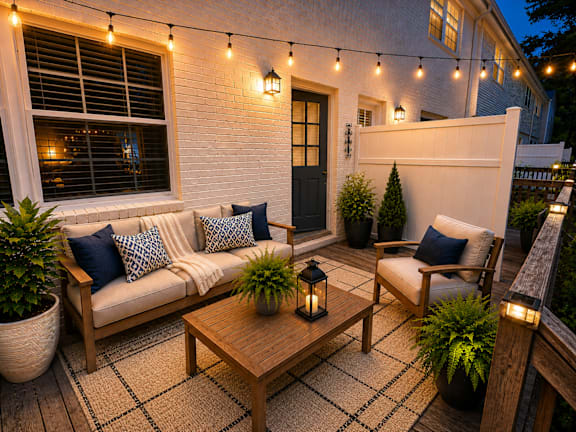 A cozy outdoor seating area with a couch, chairs, and a coffee table.