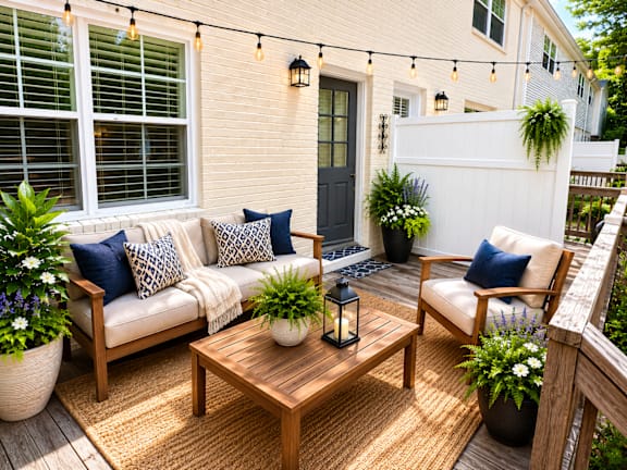 A patio with a white couch, a wooden coffee table, and a black lantern.