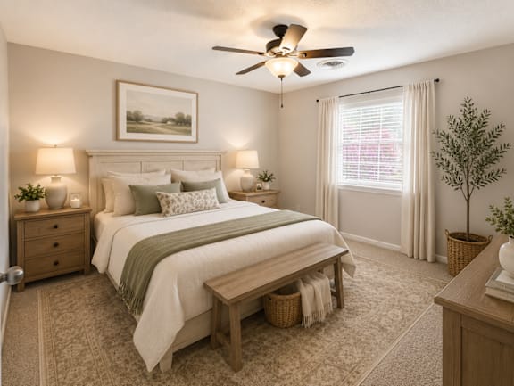 A bedroom with a large bed, a ceiling fan, and a painting on the wall.
