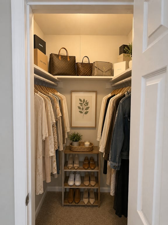 A white closet with clothes and shoes.