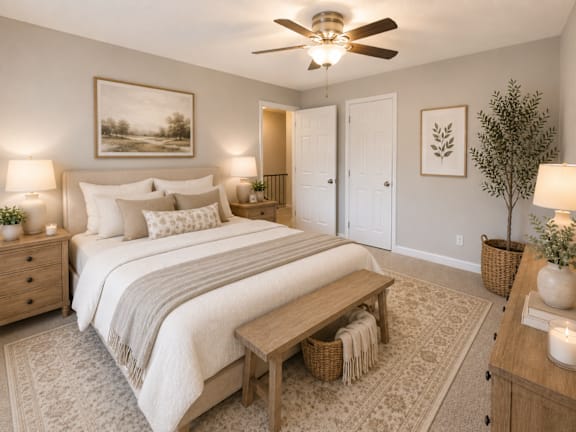 A bedroom with a large bed, a ceiling fan, and a painting on the wall.