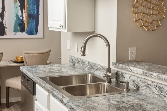 a kitchen with a sink and a faucet