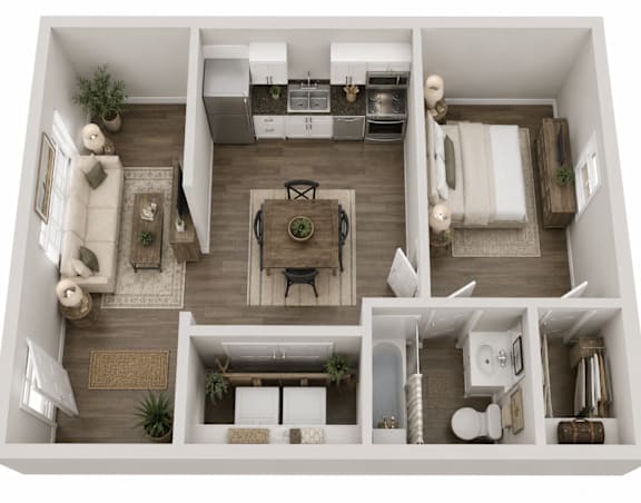 A top-down view of a small apartment with a kitchen, living room, and bathroom.