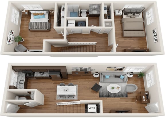 2 bedroom 1.5 bathroom Floor plan A at Parkside at Five Points Apartments, Raleigh , NC