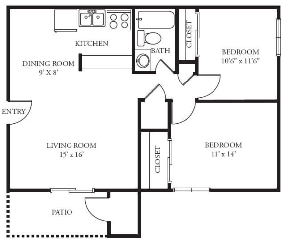 2 bed 1 bath floor plan at Lodge of Overland Park Apartments, Overland Park , Kansas