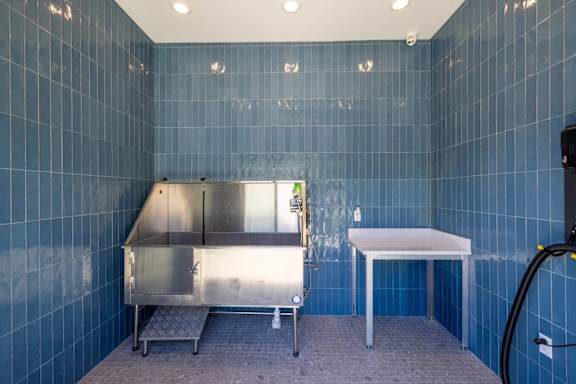 A stainless steel table and sink in a blue tiled room.