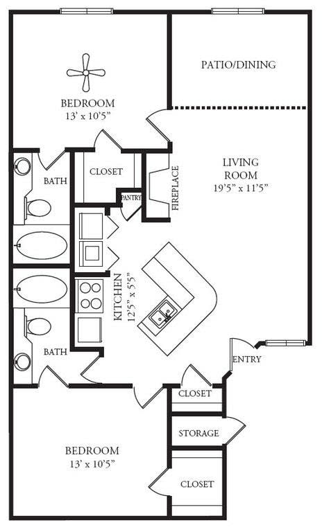 2 bed 2 bath floor plan A at Highland Ridge Apartments, Kansas, 66210