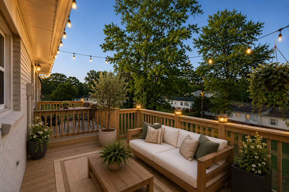 A wooden deck with a couch, coffee table, and string lights.