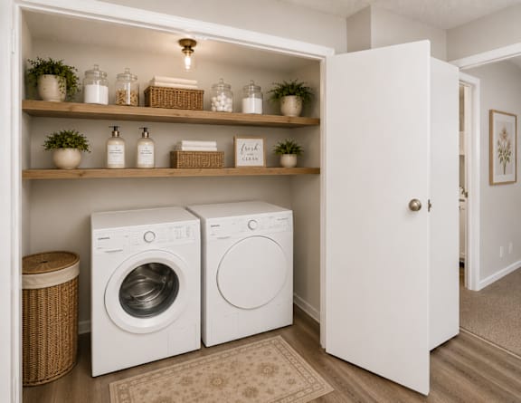 A laundry room with two washing machines and a shelf with various items.