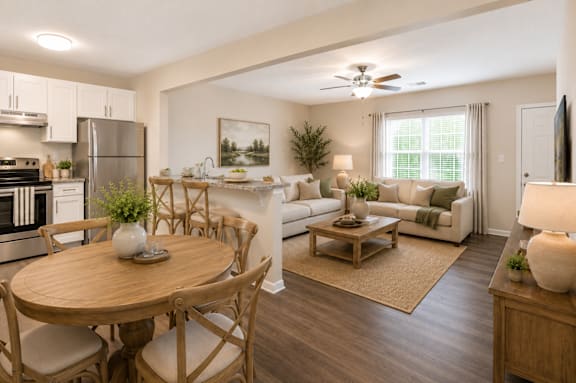 A well-lit, modern kitchen and dining area with a wooden table and chairs.