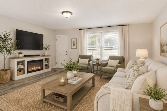 A living room with a fireplace and a television on the wall.