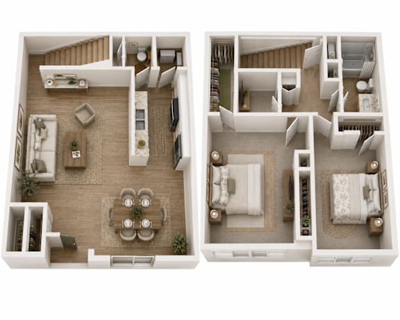 A top-down view of a two-story house interior with a living room, dining area, kitchen, and bedrooms.