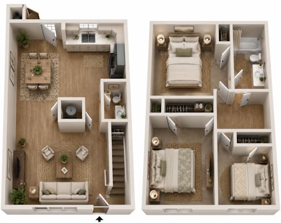 A diagram of a house layout with two bedrooms, a living room, a kitchen, a bathroom, and a dining area.
