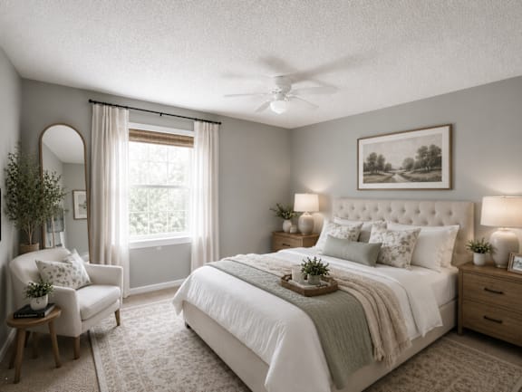 A bedroom with a large bed, a chair, and a painting on the wall.