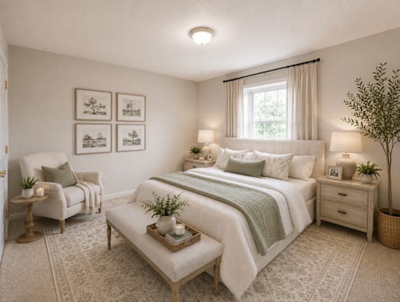 A bedroom with a large bed, a chair, and a table with a plant on it.
