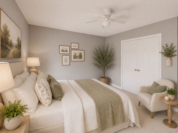 A bedroom with a bed, a chair, and a ceiling fan.