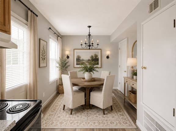 A dining room with a table set for four.