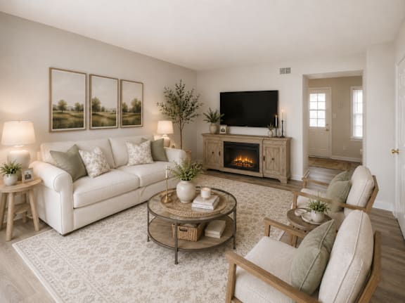 A living room with a fireplace, a couch, a chair, and a coffee table.