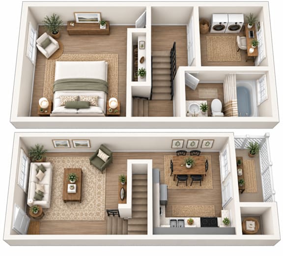 A top-down view of a two-bedroom apartment with a living room, kitchen, and bathroom.