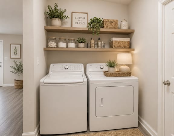 A small laundry room with a washer and dryer.