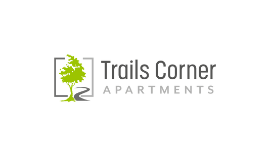 a green logo with a tree and the words trails corner apartments