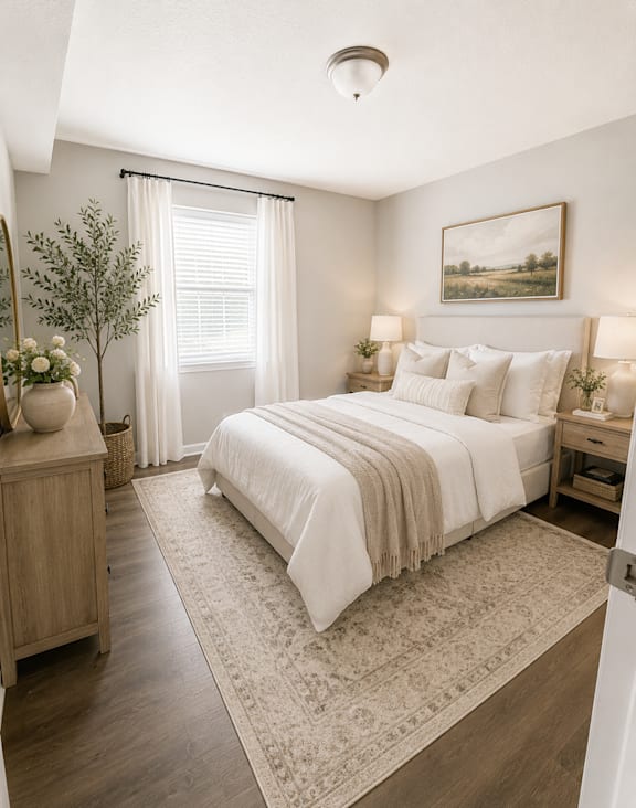 A bedroom with a large bed and a painting on the wall.