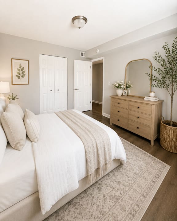 A bedroom with a bed, dresser, and mirror.