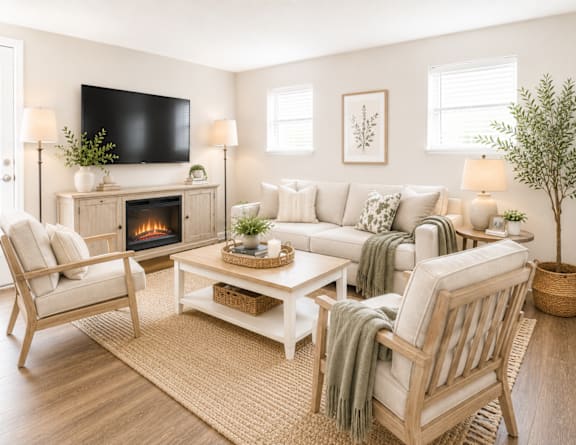 A living room with a fireplace, a couch, a chair, and a television.