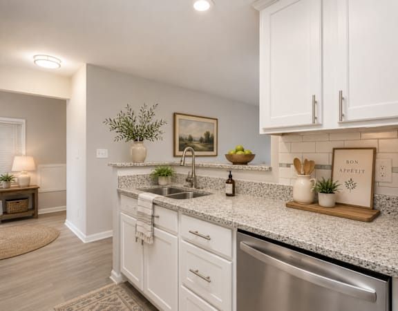 A kitchen with white cabinets and a marble countertop.