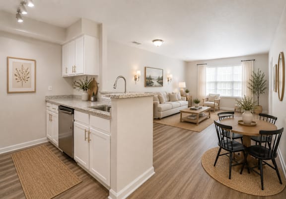 A modern kitchen with white cabinets and a dining table set for four.