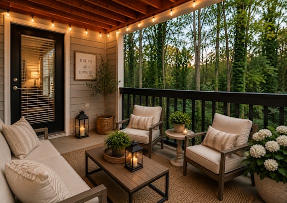 A cozy outdoor patio with a couch, chairs, and lanterns.