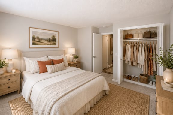 A bedroom with a large bed, a wardrobe, and a painting on the wall.