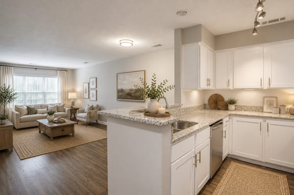 A kitchen with white cabinets and a marble countertop.