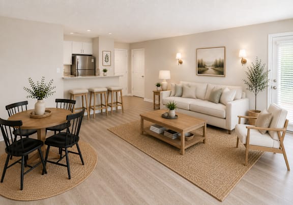 A living room with a sofa, chairs, and a coffee table.