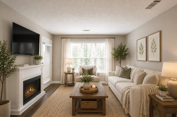 A cozy living room with a fireplace and a couch.