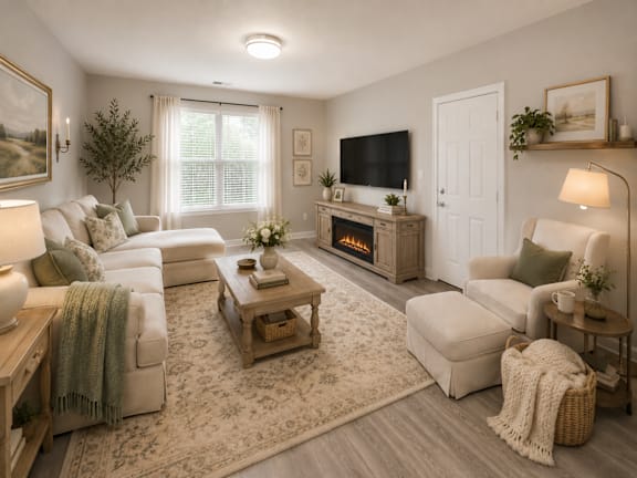 A cozy living room with a fireplace and a large painting on the wall.