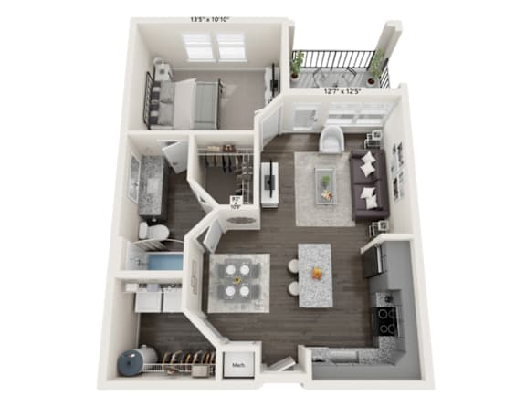 A floor plan of a small apartment with a kitchen, living room, and bathroom.