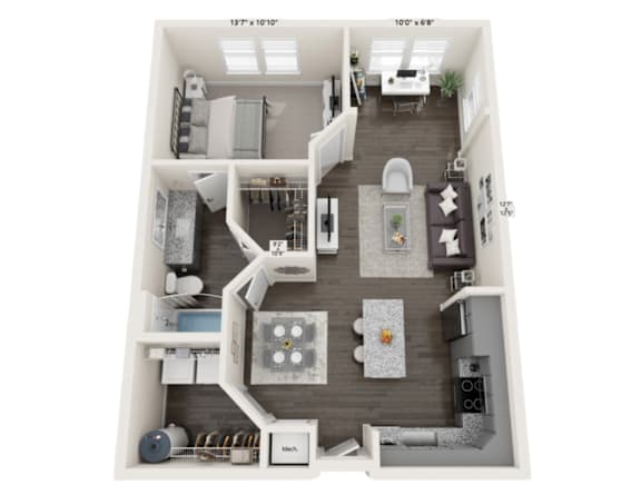 A floor plan of a small apartment with a kitchen, living room, and bathroom.