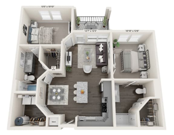 A 3D floor plan of a house with a kitchen, living room, and two bedrooms.