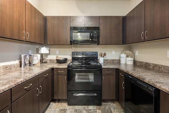 Kitchen with a Black Stove at Spring Creek Apartments, Crestview, Florida